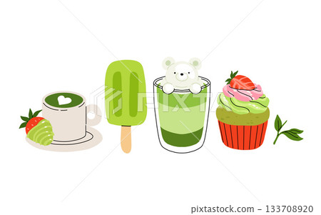 Matcha tea, latte, iced matcha. Vector set with japanese matcha desserts. Collection with mochi, cake and roll cake, pancakes, macaron, soft serve ice cream, matcha tart and cupcake with strawberry. Matcha tea, latte, iced matcha. Vector set with japanese matcha desserts. Collection with mochi, cake and roll cake, pancakes, macaron, soft serve ice cream, matcha tart and cupcake with strawberry. 133708920