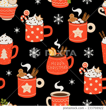 Christmas and Happy New Year seamless pattern. Mugs of cacao with whipped cream, marshmallow and candy cane. Greeting card for Xmas, New year or winter holidays. Vector design template. Christmas and Happy New Year seamless pattern. Mugs of cacao with whipped cream, marshmallow and candy cane. Greeting card for Xmas, New year or winter holidays. Vector design template. 133708922