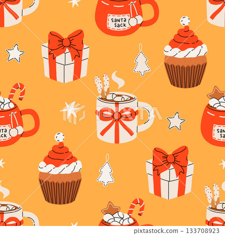 Seamless Christmas pattern with cacao drink, ginger cookie, present and lollipop. Vector illustration for textile, postcard, wrapping paper, poster, background, book, t-shirt. Seamless Christmas pattern with cacao drink, ginger cookie, present and lollipop. Vector illustration for textile, postcard, wrapping paper, poster, background, book, t-shirt. 133708923