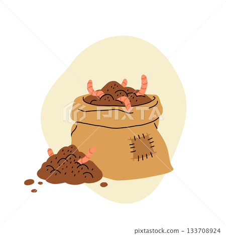 Cartoon flat icon of organic composting theme. Garden tools, bag of compost, ground, food garbage. Illustration of bio, organic fertilizer, compost bin and box, agronomy. 133708924
