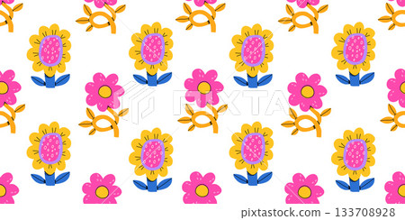Vector seamless pattern with abstract cute spring flowers and leaves in flat cartoon style. Kids design, for fabric, wrapping, textile, wallpaper 133708928