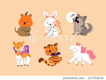 Happy Halloween day cute animal vector. Cartoon collection of animals with halloween costumes, pumpkin, imp, wings, unicorn. Adorable animal characters in autumn festival 133708930