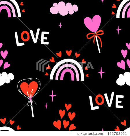 Valentines day elements vector seamless pattern. Gifts, envelope, heart, dessert, messages, candies, locks and other traditional decorations. Cartoon doodle style. Valentines day elements vector seamless pattern. Gifts, envelope, heart, dessert, messages, candies, locks and other traditional decorations. Cartoon doodle style. 133708931