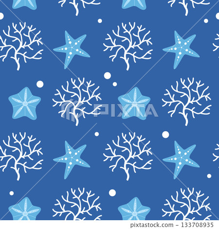 Beautiful coral reefs. Natural seamless pattern with undersea flora and fauna, sea or ocean life. Undersea backdrop with coral, algae, starfish, shells. Flat vector illustration 133708935