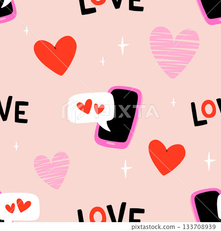 Valentines day elements vector seamless pattern. Gifts, envelope, heart, dessert, messages, candies, locks and other traditional decorations. Cartoon doodle style. 133708939