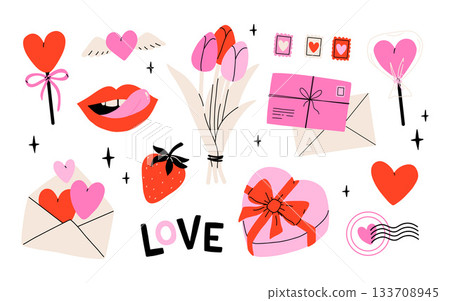 Valentine's Day set with heart and other elements on a white background. Valentine's day, wedding and love concept. Vector illustrations 133708945