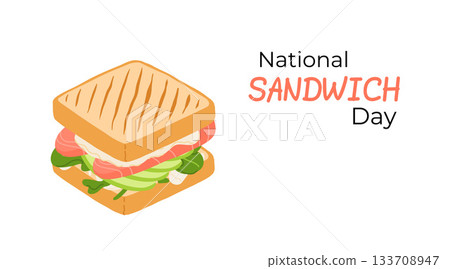 National Sandwich Day banner with colorful sandwiches filled with fresh vegetables, cheese and meat. Design for holiday promotions, or culinary projects. 133708947