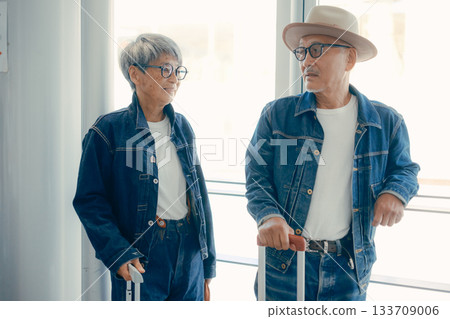 Travel portrait of a senior couple with a suitcase Travel portrait of a senior couple with a suitcase 133709006