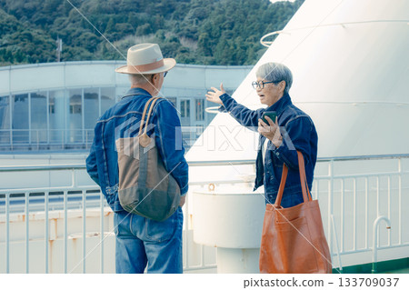 一對老年夫婦在渡輪甲板上眺望港口小鎮的旅行肖像 133709037