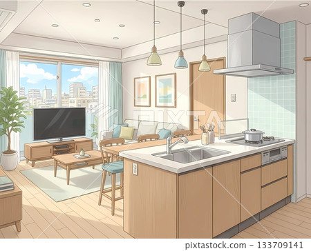 視訊背景:客廳,配有現代風格的廚房中島,主要以白色和木質為主色調。 視訊背景:客廳,配有現代風格的廚房中島,主要以白色和木質為主色調。 133709141