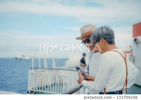 旅行場景：一對老年夫婦指著船甲板上的風景。 133709286