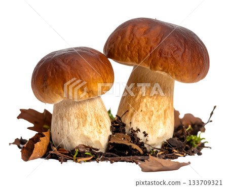 Two Porcini Mushrooms on Forest Floor Two Porcini Mushrooms on Forest Floor 133709321