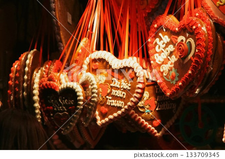 German Gingerbread Hearts with Romantic Icing Text at Oktoberfest German Gingerbread Hearts with Romantic Icing Text at Oktoberfest 133709345