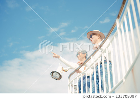 Travel scene of a senior couple looking at the scenery on the ferry deck 133709397