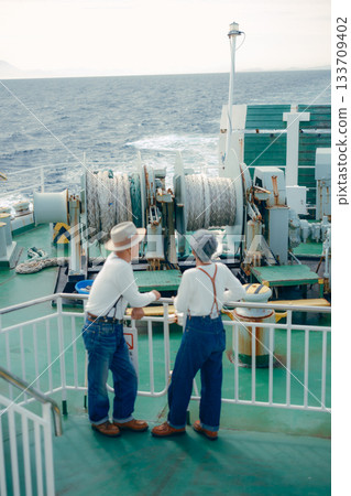 Travel scene of a senior couple looking at the scenery on the ferry deck 133709402