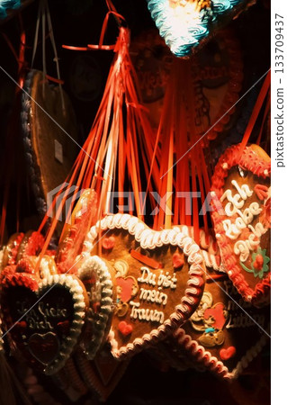 Colorful German Gingerbread Hearts with Romantic Messages 133709437