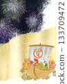 A background illustration of a festive New Year's image of a treasure ship carrying fireworks, gold leaf, and auspicious items 133709472
