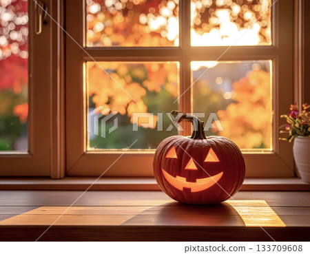 Jack-o'-Lantern and Flowers on Windowsill with Autumn Light 133709608