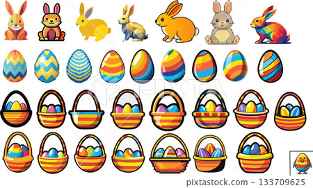 Easter Icons Rabbits Eggs and Baskets Collection 133709625