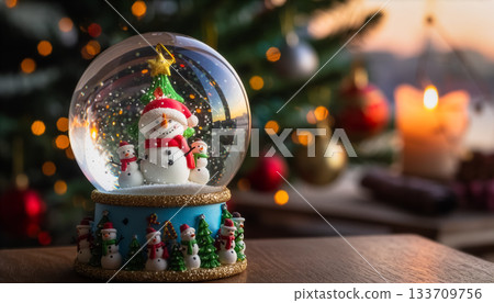 Christmas Snow Globe with Snowman, Candy Cane and Tree on Festive Base with Candle and Lights 133709756
