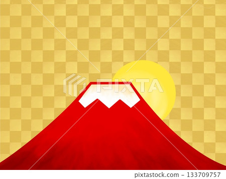 日出紅富士和金色方格背景素材插圖 133709757