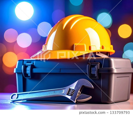 Yellow construction hard hat with toolbox and wrench on reflective surface Yellow construction hard hat with toolbox and wrench on reflective surface 133709793