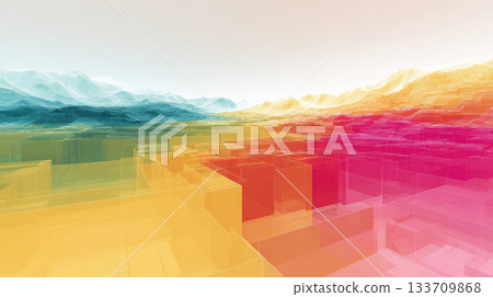 Colorful overlapping transparent shapes create futuristic landscape with vibrant gradient hues 133709868