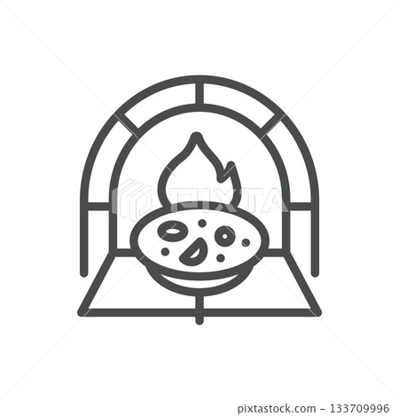 Wood Fired Oven Pizza Icon. Thin Line Illustration of Pizza Baking in Brick Oven with Flame, Representing Traditional Artisan Cooking and Authentic Italian Flavor. 133709996