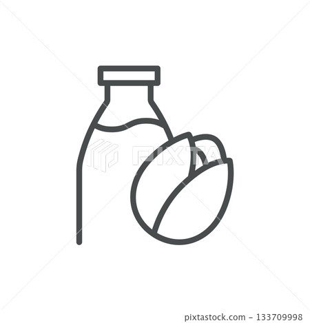 Pistachio Milk Icon. Thin Line Illustration of Bottle and Pistachio Nuts, Representing Plant Based Beverage, Vegan Drink Alternative, and Organic Nutty Nutrition. Minimal Outline Vector Sign. 133709998