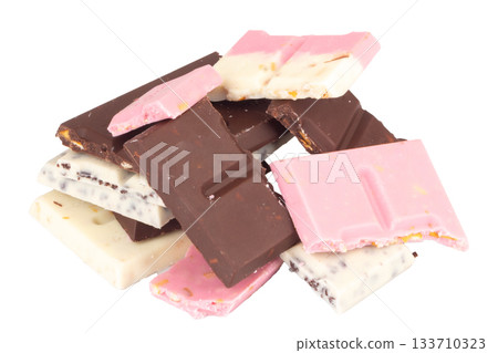 Chocolate broken milk flavor pink white pile fullcolor on white background Chocolate broken milk flavor pink white pile fullcolor on white background 133710323