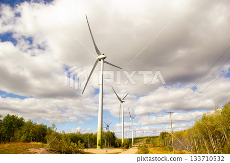 Windfarm with mills and power poles in the summer woodland. Windfarm with mills and power poles in the summer woodland. 133710532