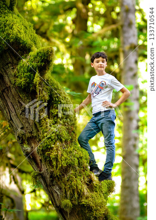 Teen boy is standing on the mossy tree trunk in the rainforest. 133710544