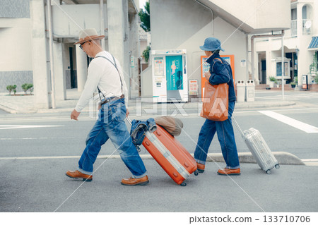 Back view of three people walking through the harbor with suitcases Back view of three people walking through the harbor with suitcases 133710706