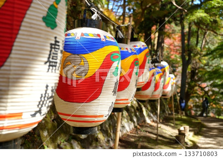 Colorful lanterns decorated in the grounds of Tanzan Shrine in Sakurai City, Nara Prefecture, with autumn leaves in the background 133710803