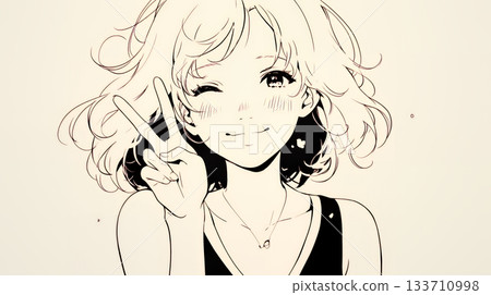 一位年輕女子麵帶微笑，比出和平手勢（色彩簡潔） 133710998