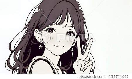 一位年輕女子麵帶微笑，比出和平手勢（色彩簡潔） 133711012