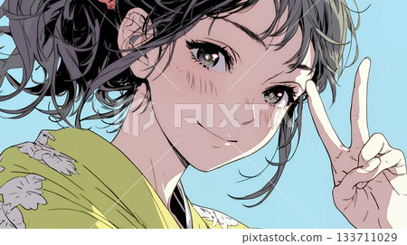 一位微笑的年輕女子比出和平手勢 一位微笑的年輕女子比出和平手勢 133711029