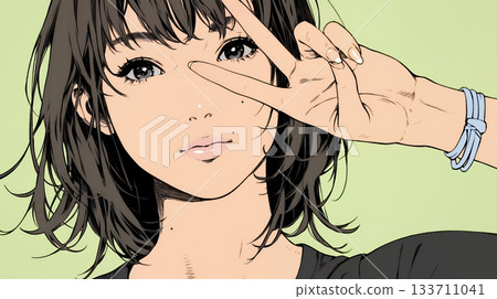 一位微笑的年輕女子比出和平手勢 一位微笑的年輕女子比出和平手勢 133711041