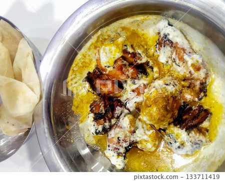 Indian Dahi Papdi Chaat with curd, chutney and spices 133711419