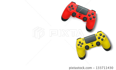 Wireless gaming controllers flying in air isolated on white background, symbolizing gaming technology concept 133711430