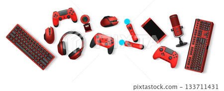 Gaming accessories like controllers, VR headset, headphones, keyboard, and microphone on white background with clipping path 133711431