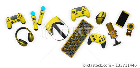 Gaming gear collection including RGB keyboard, controllers, webcam, headphones, and mouse on white background with clipping path 133711440