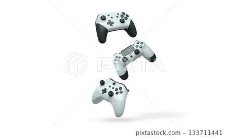 Wireless gaming controllers flying in air isolated on white background, symbolizing gaming technology concept 133711441