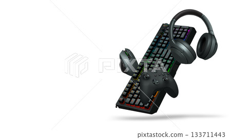 Gaming headset, console controller, ergonomic mouse, and RGB keyboard isolated on white background with clipping path Gaming headset, console controller, ergonomic mouse, and RGB keyboard isolated on white background with clipping path 133711443