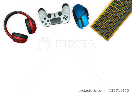 Gaming headset, console controller, ergonomic mouse, and RGB keyboard isolated on white background with clipping path 133711450