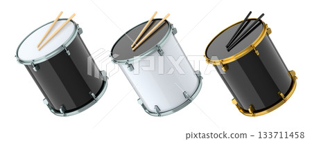 Set of drums and wooden drum sticks on white. 3d render of musical instrument 133711458