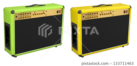 Set of classical electric and acoustic guitar amplifier isolated on white background. 133711463