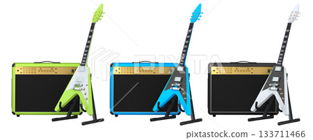 Set of amplifier with acoustic guitar isolated on white background. 133711466
