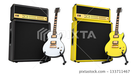 Set of amplifier with acoustic guitar isolated on white background. Set of amplifier with acoustic guitar isolated on white background. 133711467