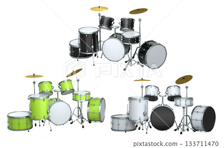 Set of realistic drums with metal cymbals or drumset on white background 133711470